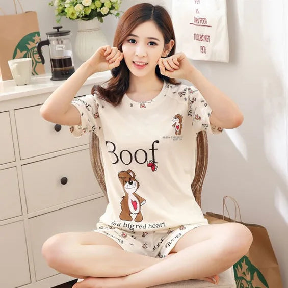 Women Thin Cute Sleepwear 2PCS Shirt Shorts Pajamas Set Nightwear Cartoon Intimate Lingerie Pyjamas Female Homewear Gift Tops