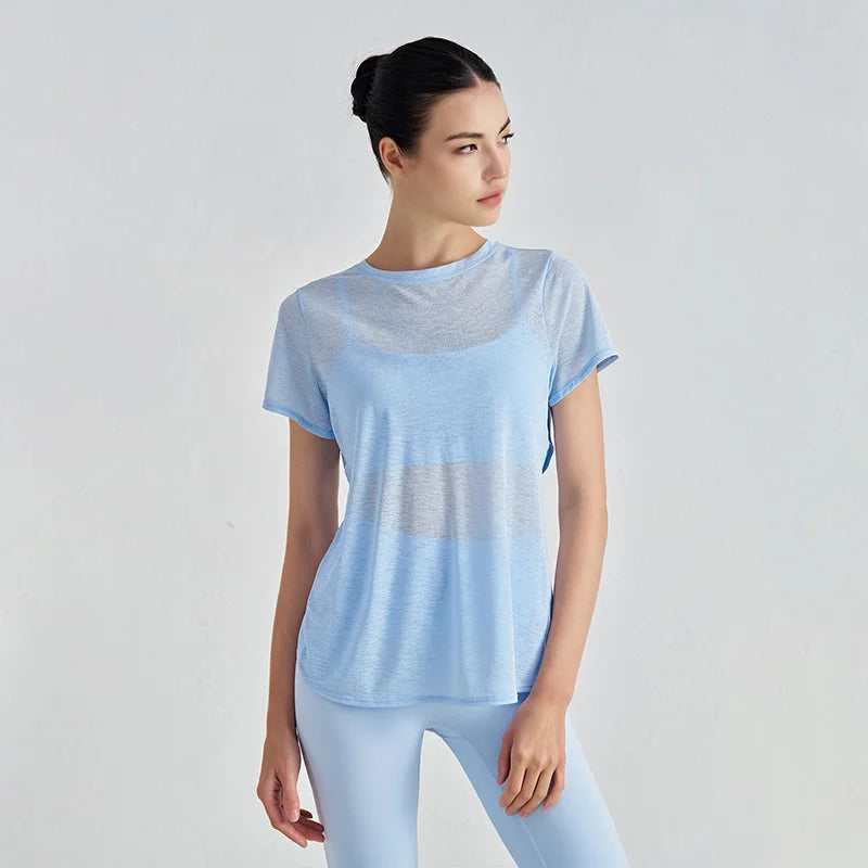 TRY TO BN Gym Tops Women Short Sleeve Sports Fitness Nylon Hollow Back Breathable Women's T-Shirt Training Runing Yoga Clothing