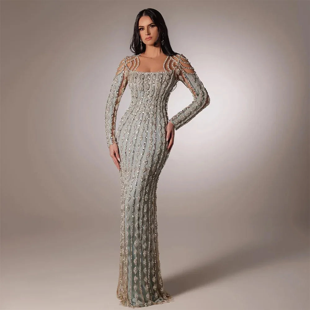 SERENE HILL Arabia Gray Mermaid Floor Length Luxury Beaded Cut Out Evening Dresses Gowns For Women Wedding Party 2024 CLA72292