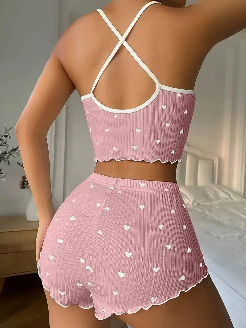 Sexy Lingerie Sleepwear for Women Pajamas Set Heart Print V-Neck Sleeveless Casual Cami Top and Shorts Sets Loungewear