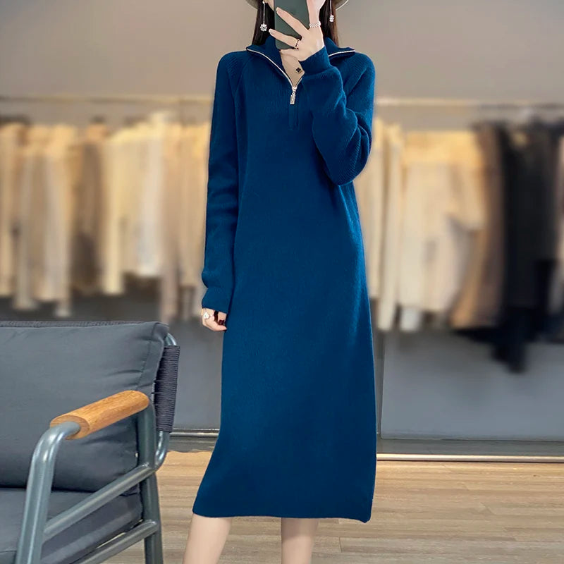 Thick Zipper Mock Neck Chic Elegant Soft Warm Striped Basic Comfort Women's  One-piece Dress 100% Merino Wool Exquisite Sweater