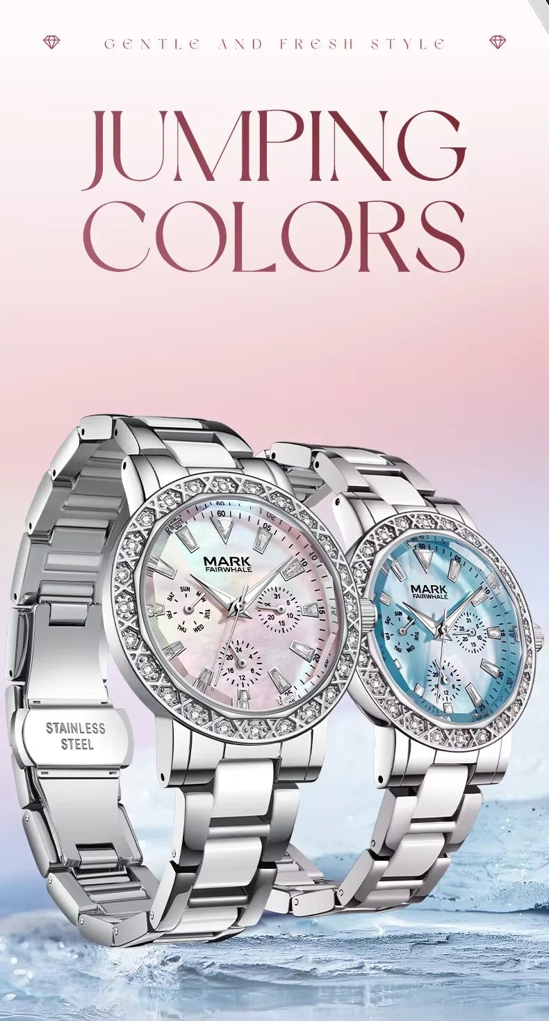 Mark Fairwhale Dress Pink Diamond Watch For Women Fashion Ceramic Chain Quartz Watch Luxury Brilliant Beimu Wristwatch Ladies