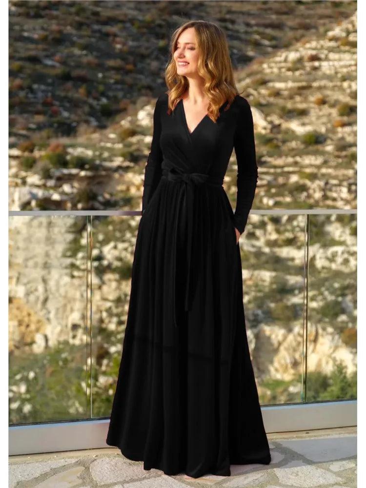 Elegant Women's German Velvet Long Sleeve Dress Autumn Winter New Slim Fit Fashion Waist Tie Female Bridesmaid Long Pocket Dress