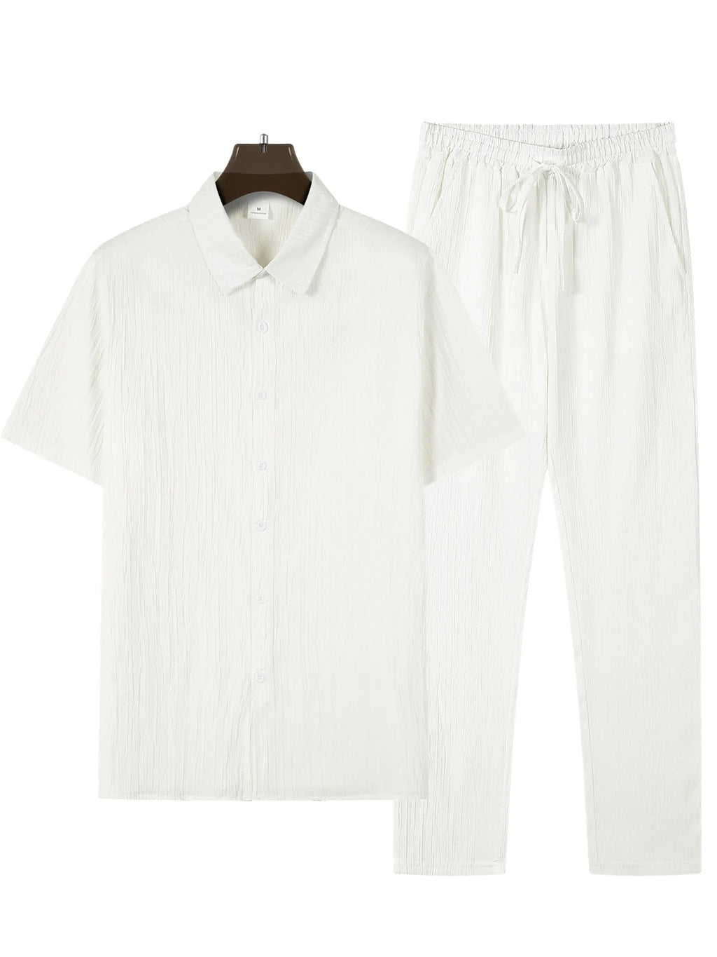 European and American men's shirt set solid color vertical strip lapel short-sleeved casual pants home daily beach set