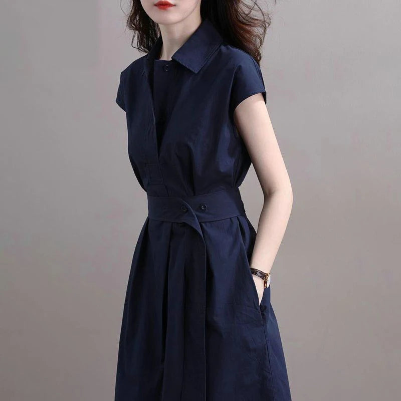 Summer New Elegant Fashion Polo-neck Shirring Waist A-line Dresses Ladies Short Sleeve Temperament Simple Dress Robe Vestidos