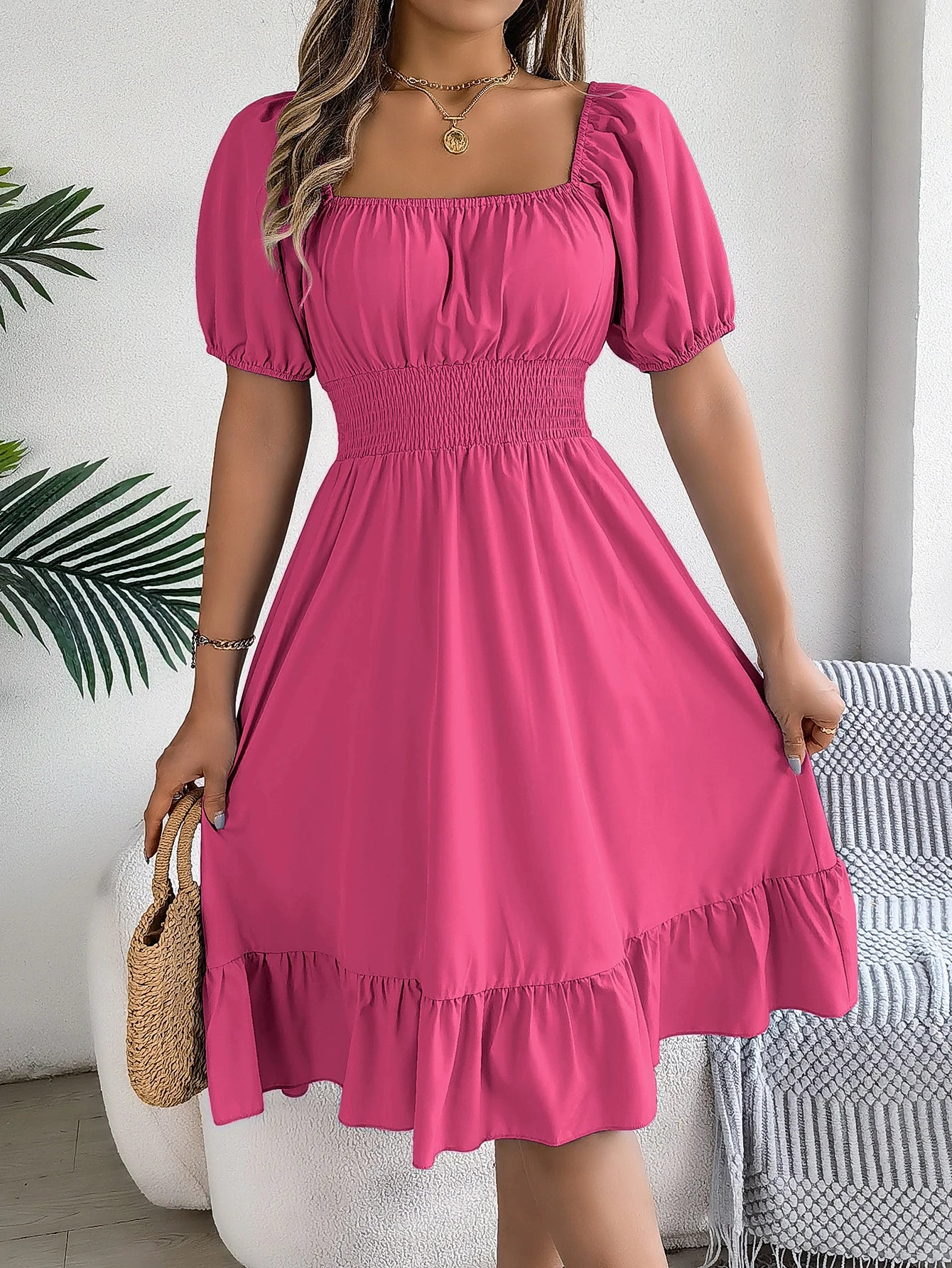 Spring Summer Elegant High Waisted Dress Square Neck Short Sleeved Ruffled Edge Long Dresses for Women 2026 Valentine's Day