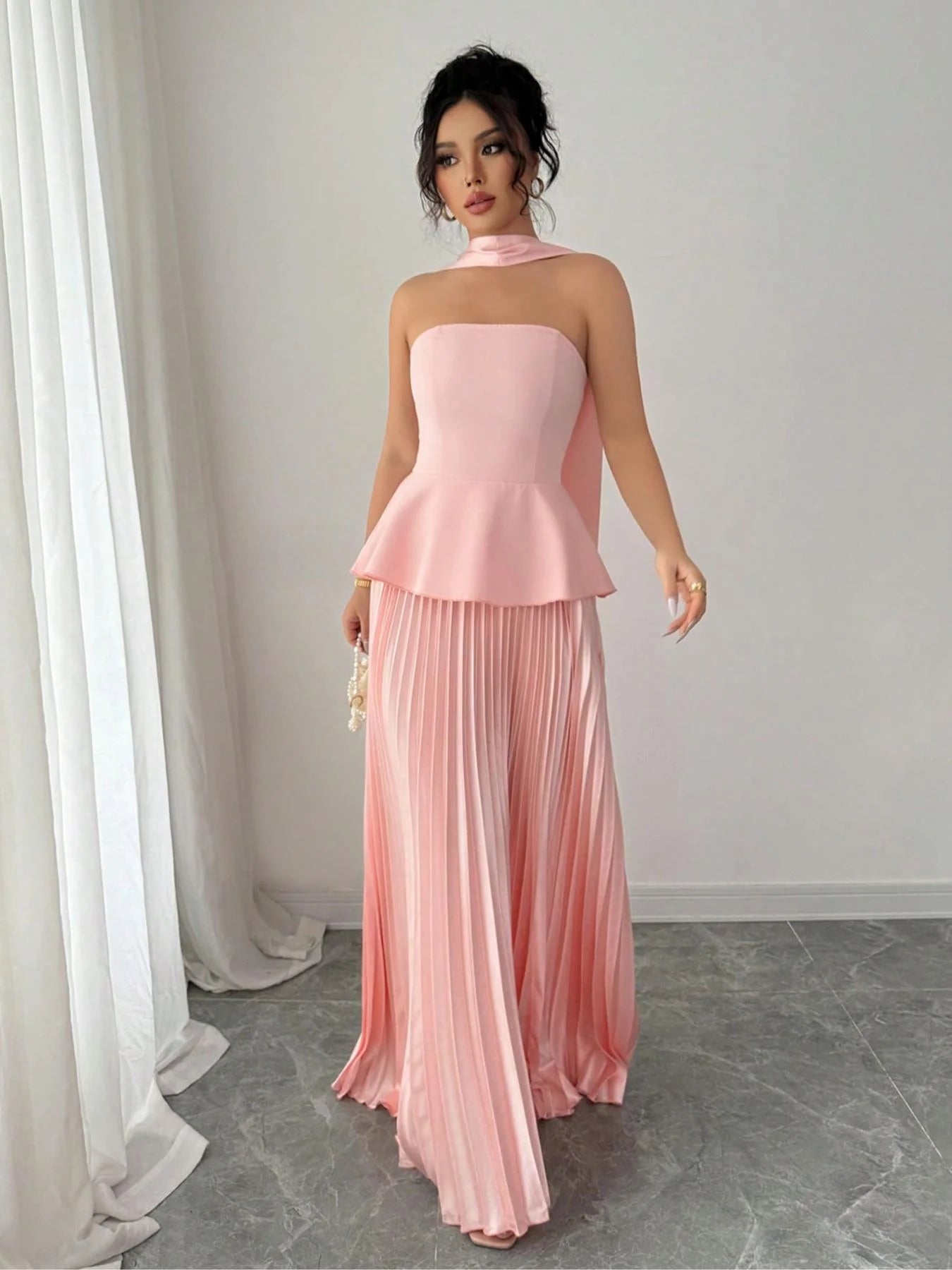Women's Tie Shoulder Wide Leg Satin Chiffon Dress, Elegant Off Shoulder Maxi Dress for Party Evening, Ladies Clothes for All Sea