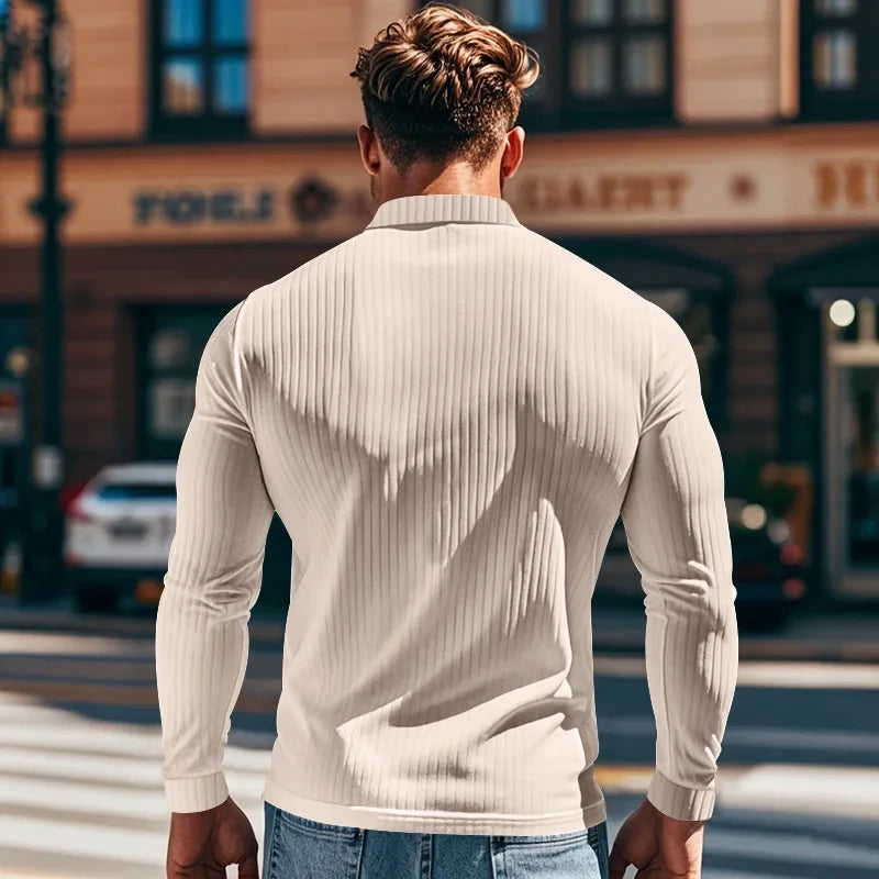 Men's Autumn  Classic Casual  Elastic Pit Strip Polo ShirtAmerican  Lapel Button-up Long-Sleeved T-shirt