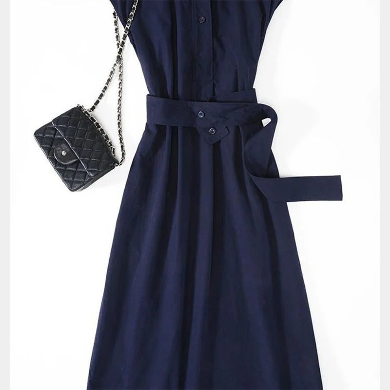 Summer New Elegant Fashion Polo-neck Shirring Waist A-line Dresses Ladies Short Sleeve Temperament Simple Dress Robe Vestidos