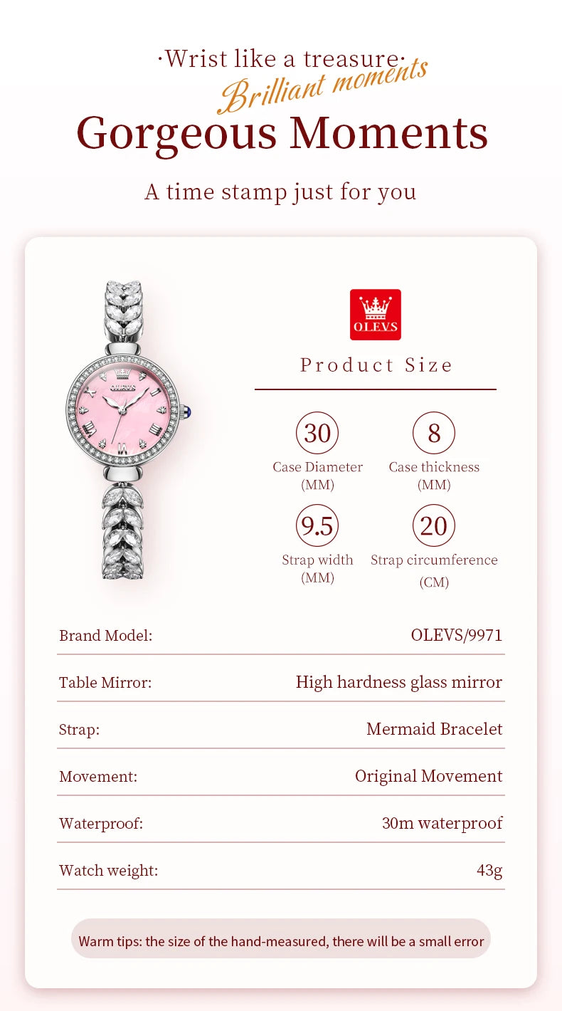 OLEVS 9971 Original Quartz Watches for Woman Fashion Full Diamond Mermaid Bracelet Wrist Watch Luxury Elegant Ladies Dress Watch