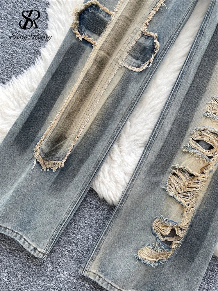 SINGREINY Autumn Vintage Denim Long Pants Female High Waist Hole Design Hotsweet Trousers Streetwear Patchwork Wide Legs Jeans