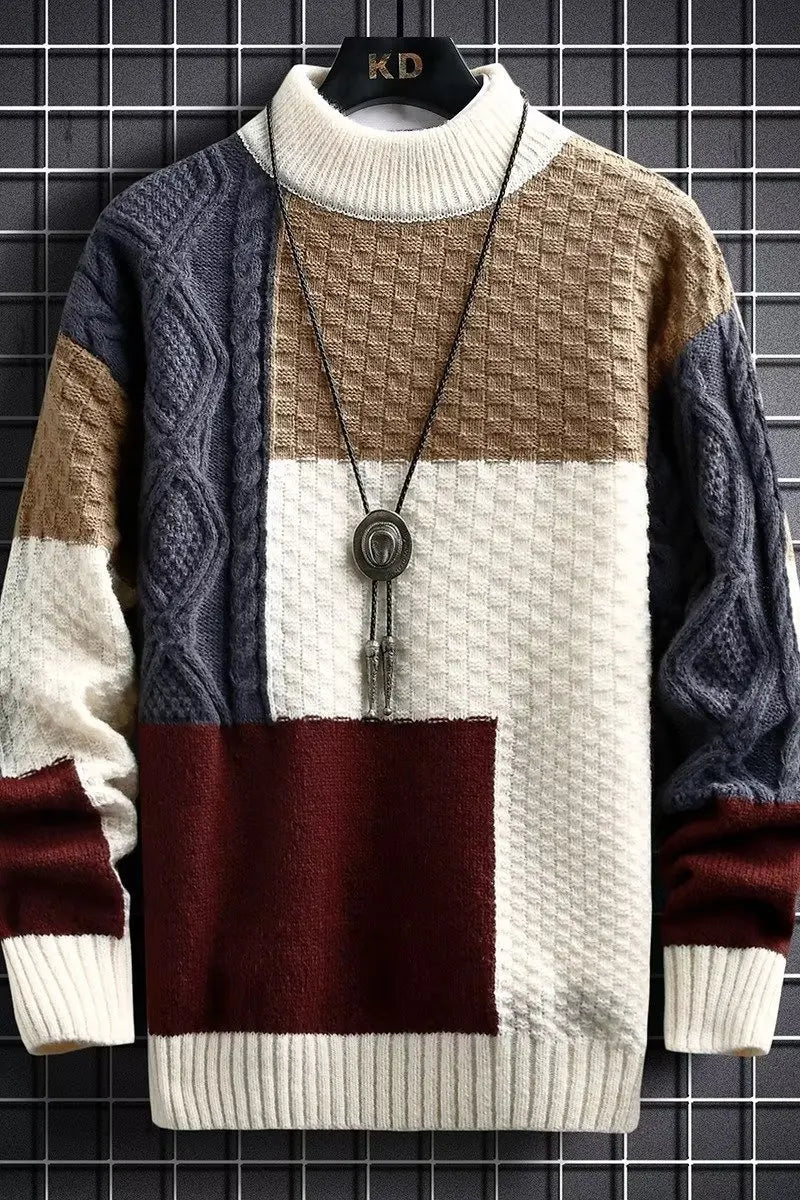 Retro Spliced Thickened round Neck Sweater for Men Loose Fit Knitted Winter Fashion Casual Cotton Polyester Blend Knitwear