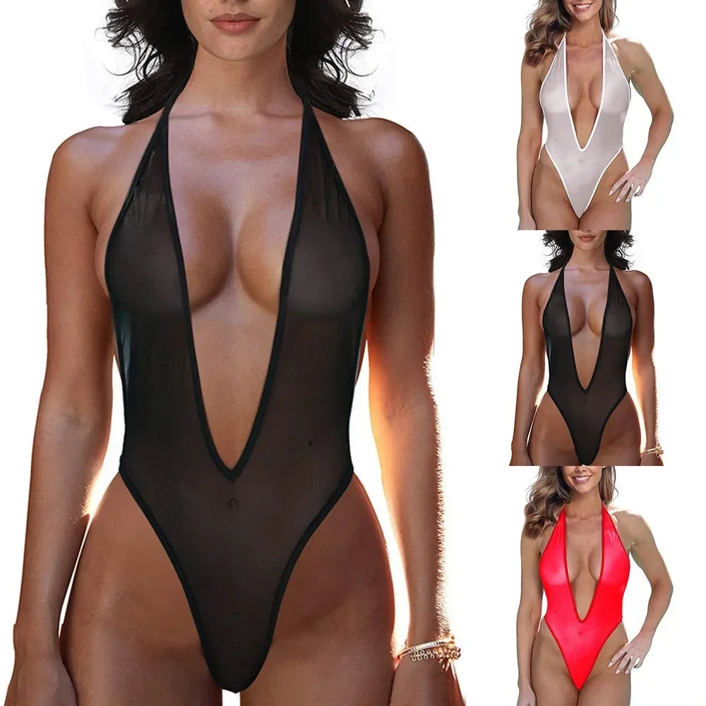 Sexy Women's Erotic Lingerie Halter Deep V Neck Transparent Mesh Bodysuit Sleepwear Backless Nightwear Bodysuits Costumes Female