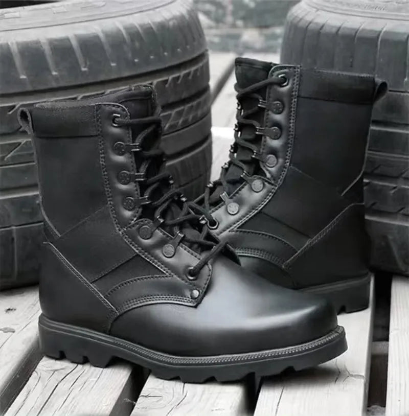 Men's Security Boots Black High-top Leather Boots Outdoor Tactical Combat Boots Anti Slip Hiking Boot Hunting Safety Shoes Botas