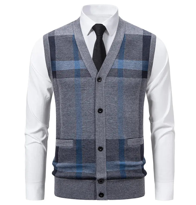 New Mens Fleece Knitted Vest Sleeveless Autumn Winter V Neck Sweater Vest Button Front Knit Cardigan Vest