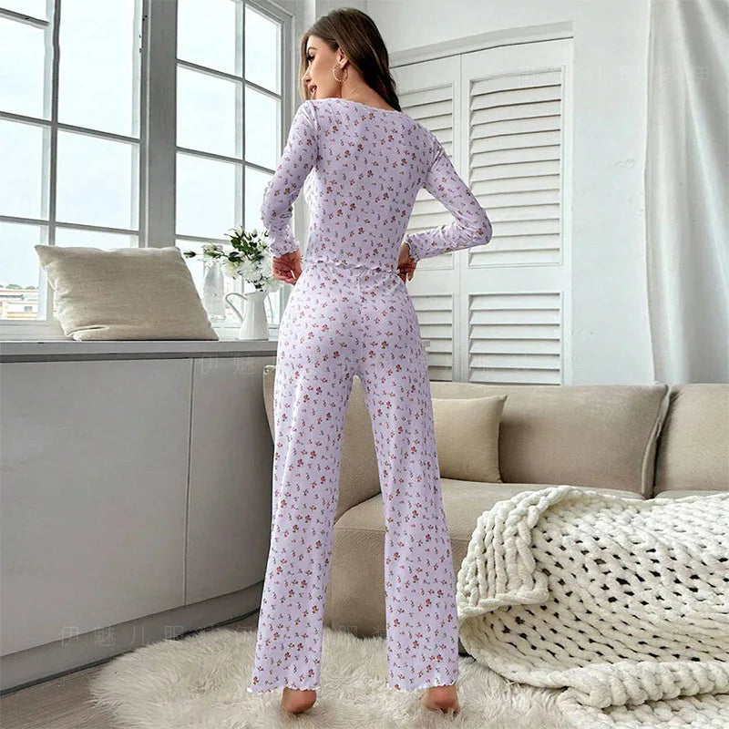 New Women Soft Comfortable sexy Floral Print Pajama Set Long Sleeve Top and Pants Loungewear Sleepwear Two Piece Set Homewear