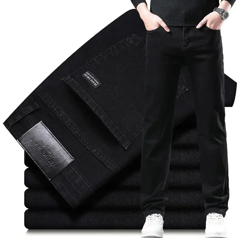 Amekaji Men Fashion  Slim Fit Jeans Male Elasticity Smart Casual Mid Classics Straight Denim Pants Wedding Party Black Trousers