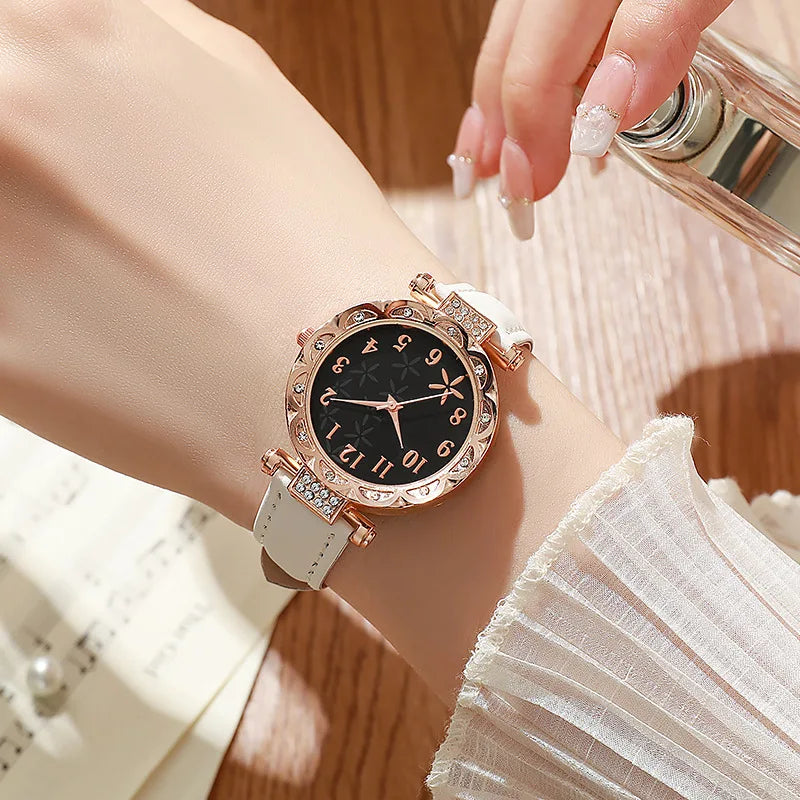 Fashion Sunflower Dial Watch Rose Gold Women's Starfish Quartz Watch Leather Strap Temperament Water Diamond