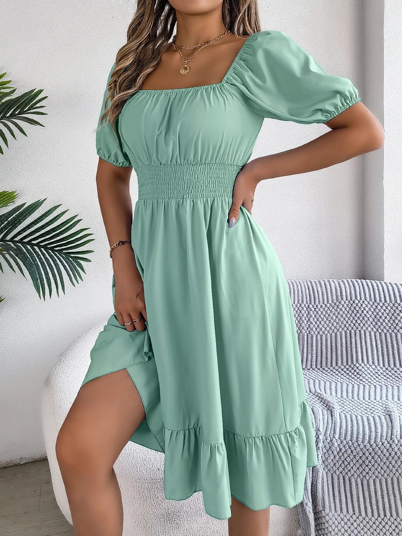 Spring Summer Elegant High Waisted Dress Square Neck Short Sleeved Ruffled Edge Long Dresses for Women 2026 Valentine's Day