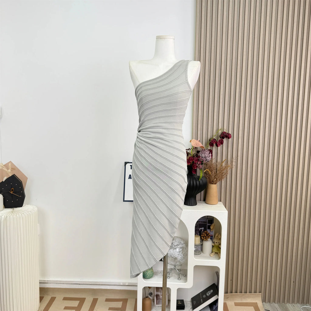 Women Elastic Summer Simple Party Dresses Sexy Irregular One Shoulder Stripe Sheath Pencil Dress