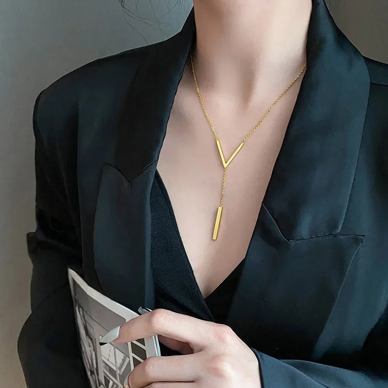 Simple V-shaped Long Sexy Clavicle Necklace Gold Color Long Neck Chain Women Vertical Bar Pendant Necklace Party Jewelry Gifts