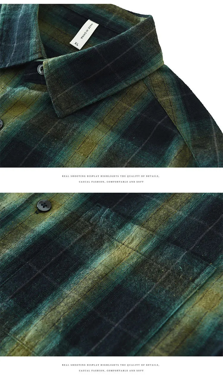 Oversized 100% Cotton Men's Plaid Shirt, Japanese Casual Style, Green Coffee Check Camping Fishing
