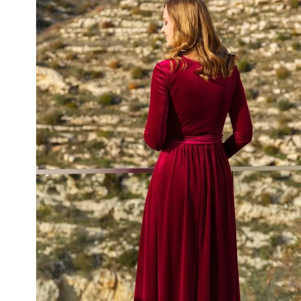 Elegant Women's German Velvet Long Sleeve Dress Autumn Winter New Slim Fit Fashion Waist Tie Female Bridesmaid Long Pocket Dress