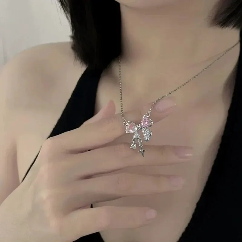 Luxury Fairy Pink Bow Shape Pendant Necklace Rings Set for Women Y2k Clavicle Chain Birthday Party Anniversary Gift Jewelry