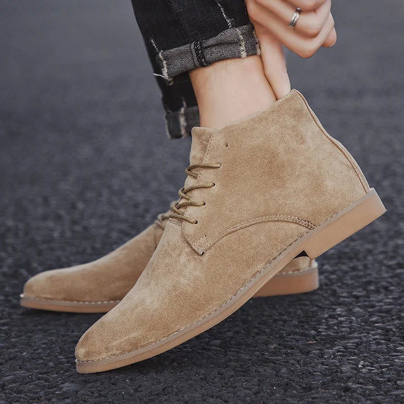 British Style Brown Men's Chelsea Boots Retro Lace Up Suede Boots Men Pointed-toe Leather Casual Ankle Boots Men botas masculino