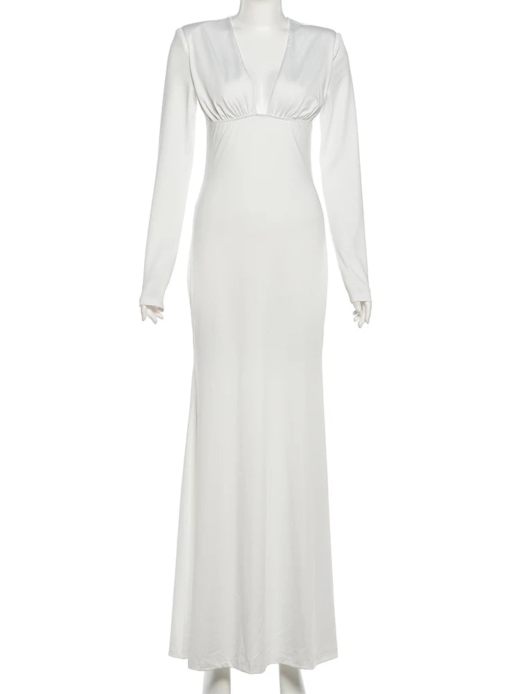 Nibber Sexy Low-Neck Maxi Dress Shoulder Pads Skinny Solid Long Sleeve Elasticity Prom Party Simple Classic Elegant Vestidos