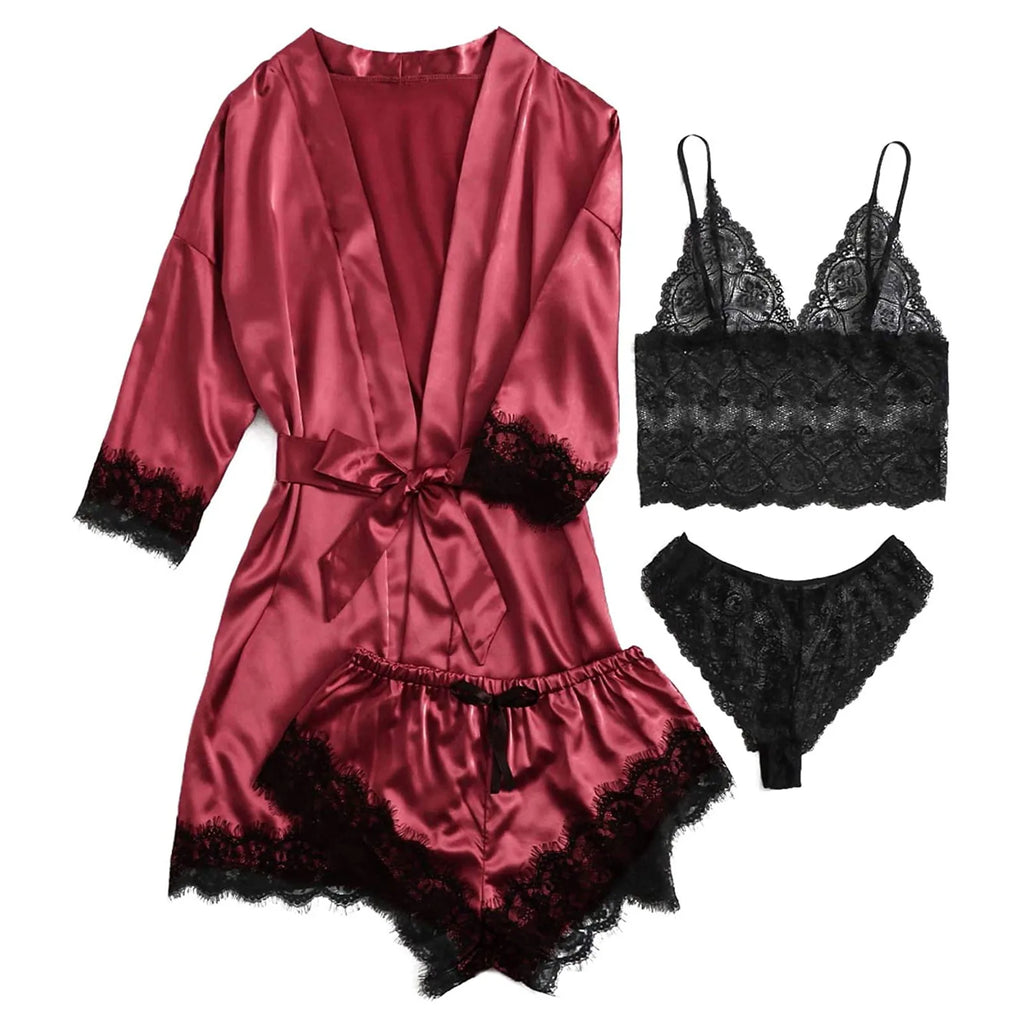 4-Piece Women Sexy Garter Lingerie Set Robes Lace Bodysuit Deep-V Neck Underwear