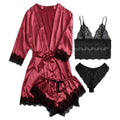 4-Piece Women Sexy Garter Lingerie Set Robes Lace Bodysuit Deep-V Neck Underwear