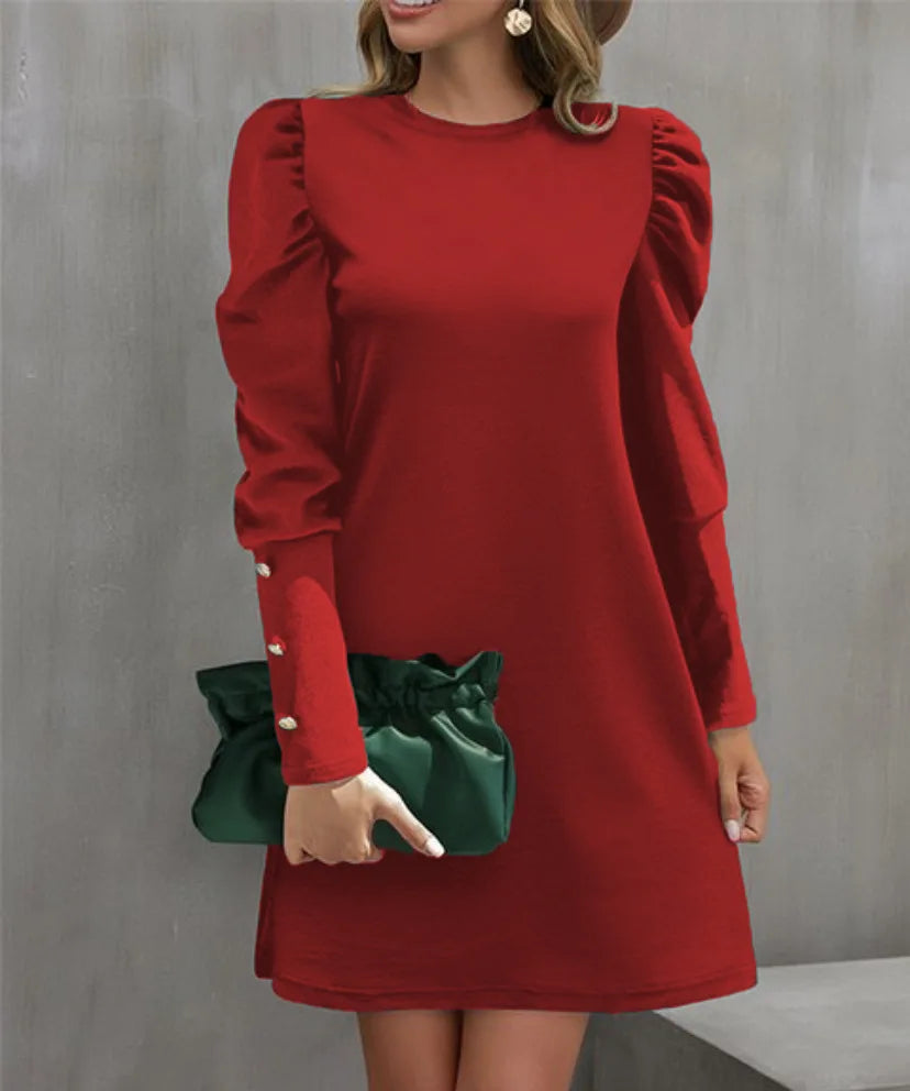 2025 Spring and Autumn New Round Neck Bubble Sleeve Button Decorative Long Sleeve Dress