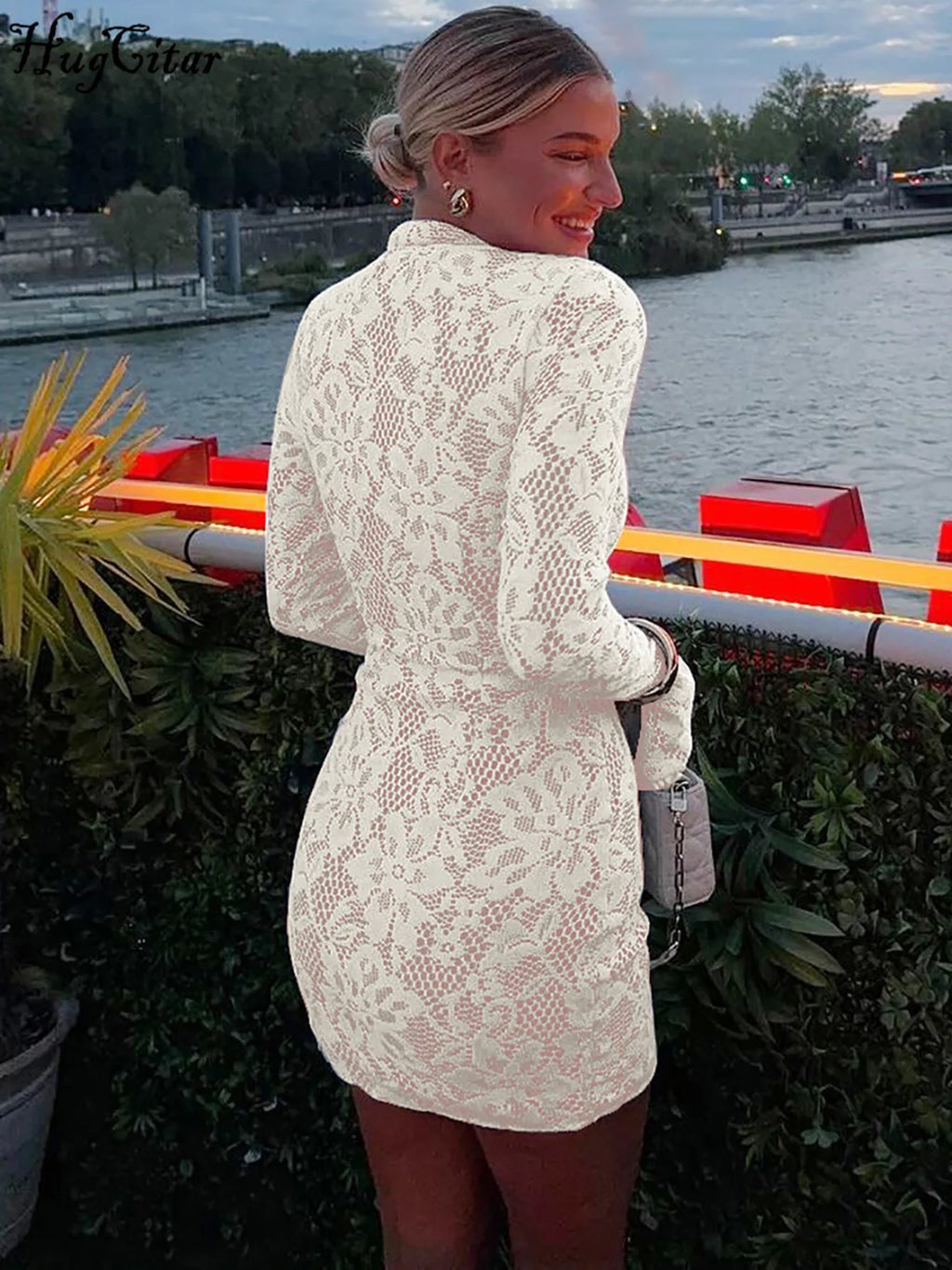 Hugcitar Turtleneck Long Flare Sleeve Patchwork Lace Hollow Out Button Sexy Mini Dress 2025 Spring Women Clothes Party Nightclub