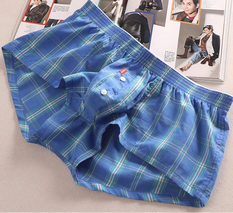 SEOBEAN MENS SEXY COTTON SHORTS HOME COMFORT CHECKERED FIT TRUNKS
