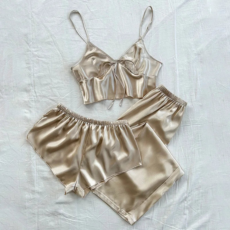 Summer New Women's Sleepwear 3PCS Pajamas Set Sexy Strap Top&shorts Trouser Suits Loungewear Ice Silk Lingerie Home Clothes