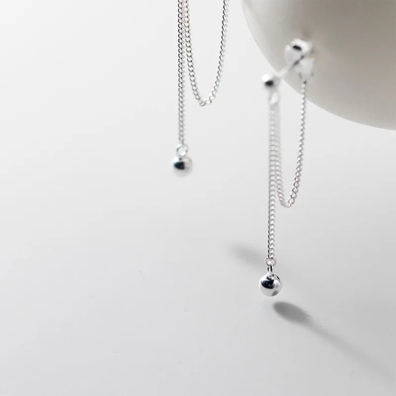 VOQ Silver Color Round Bead Chain Long Earrings Minimalist Textured Elegant Drop Earrings Female Jewelry Girls Gifts