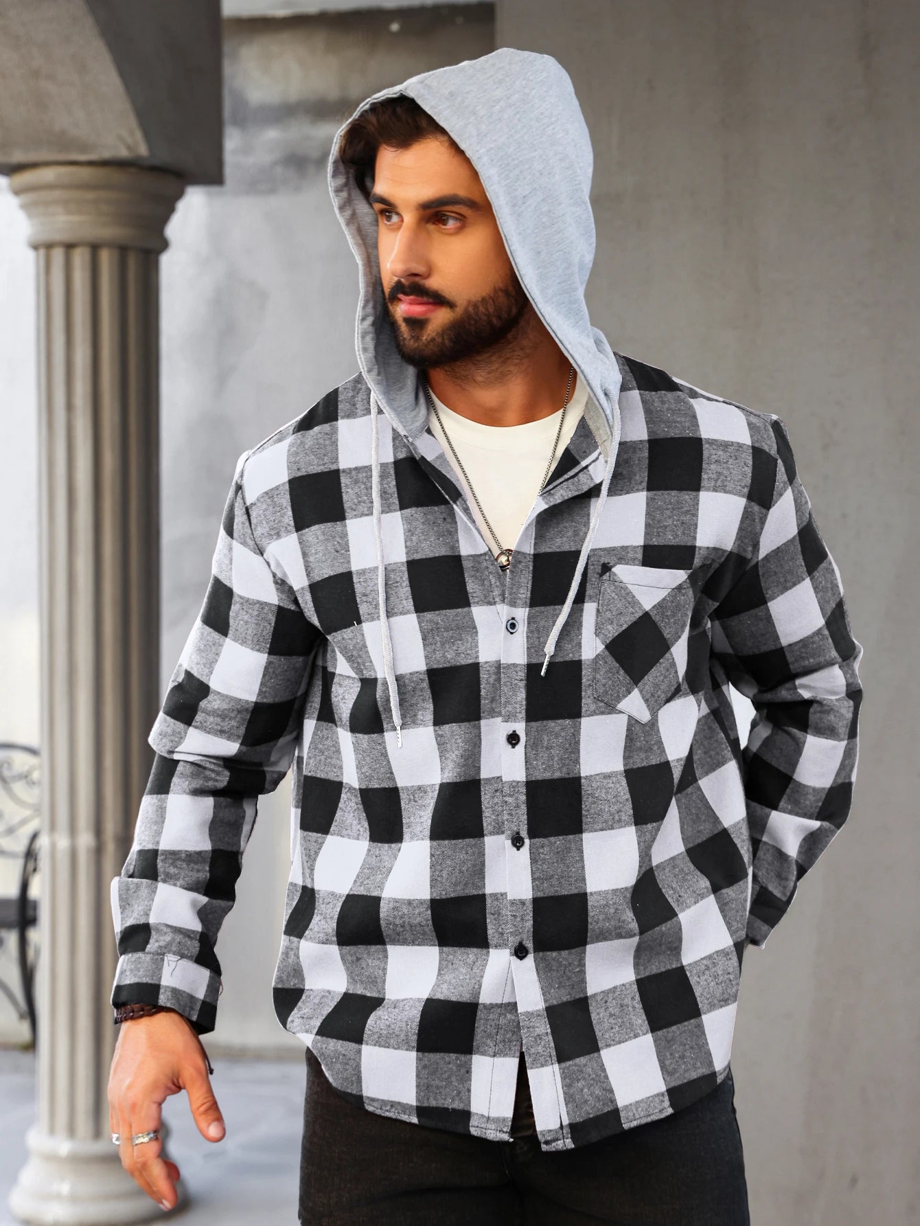 Mens Colorful Plaid Hooded Cardigan Color Block Sweatshirt with Pockets Top Jacket