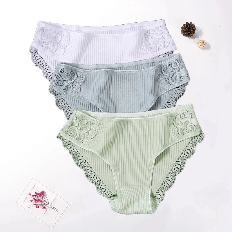 Floral Lace Cotton Women Panties Underwear Women Briefs Comfortable Female Underpants Solid Color Pantys Lingerie M-XXL 3PCS/Set