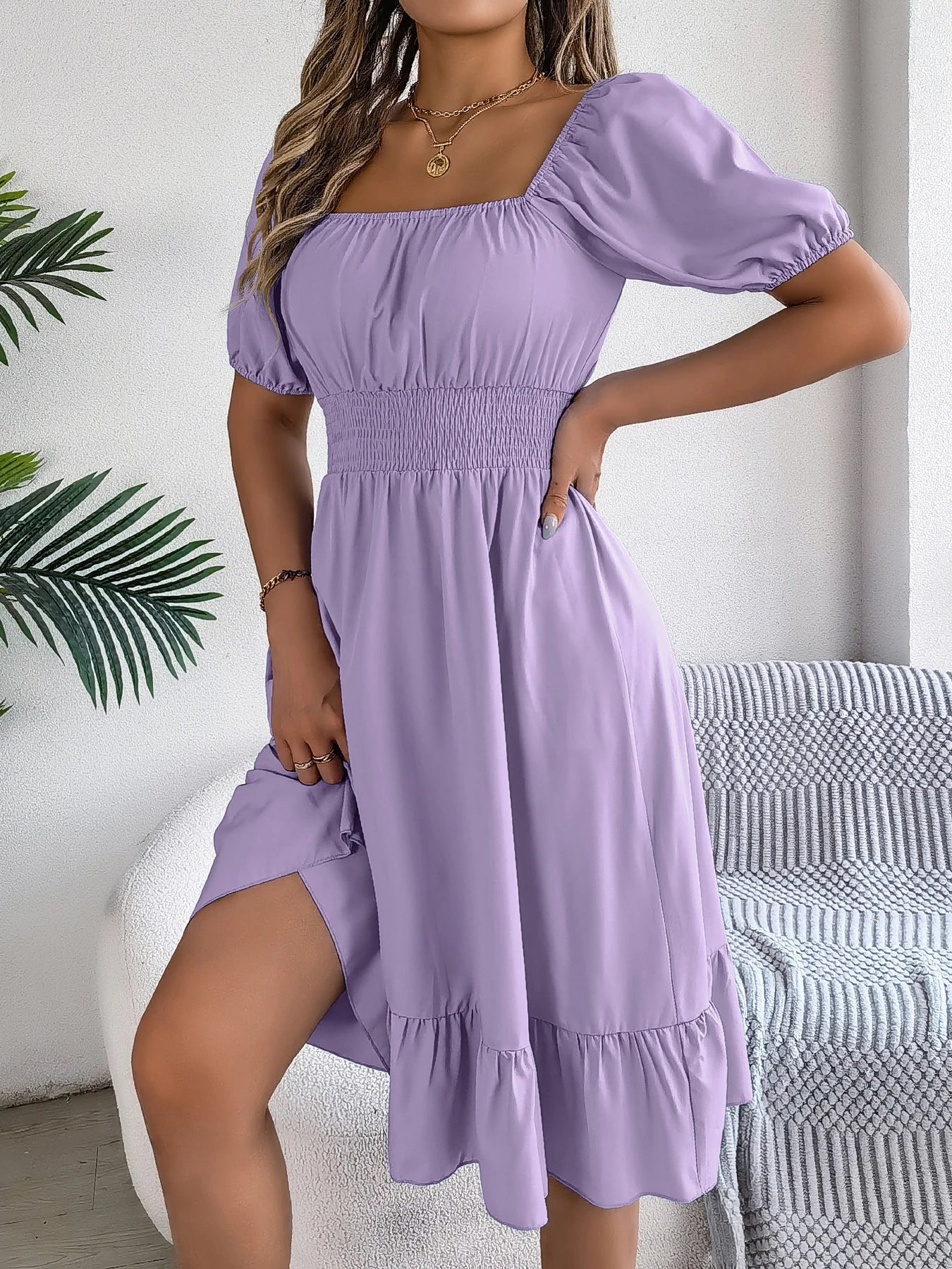 Spring Summer Elegant High Waisted Dress Square Neck Short Sleeved Ruffled Edge Long Dresses for Women 2026 Valentine's Day