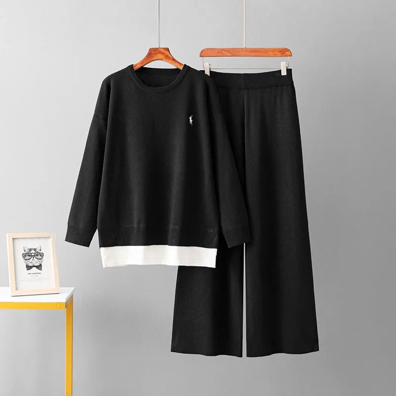 Spring Autumn Women Fashion Casual Suit New  Version Round Neck Loose Fake Two-piece Sweater Wide-leg Pants Two-piece Set