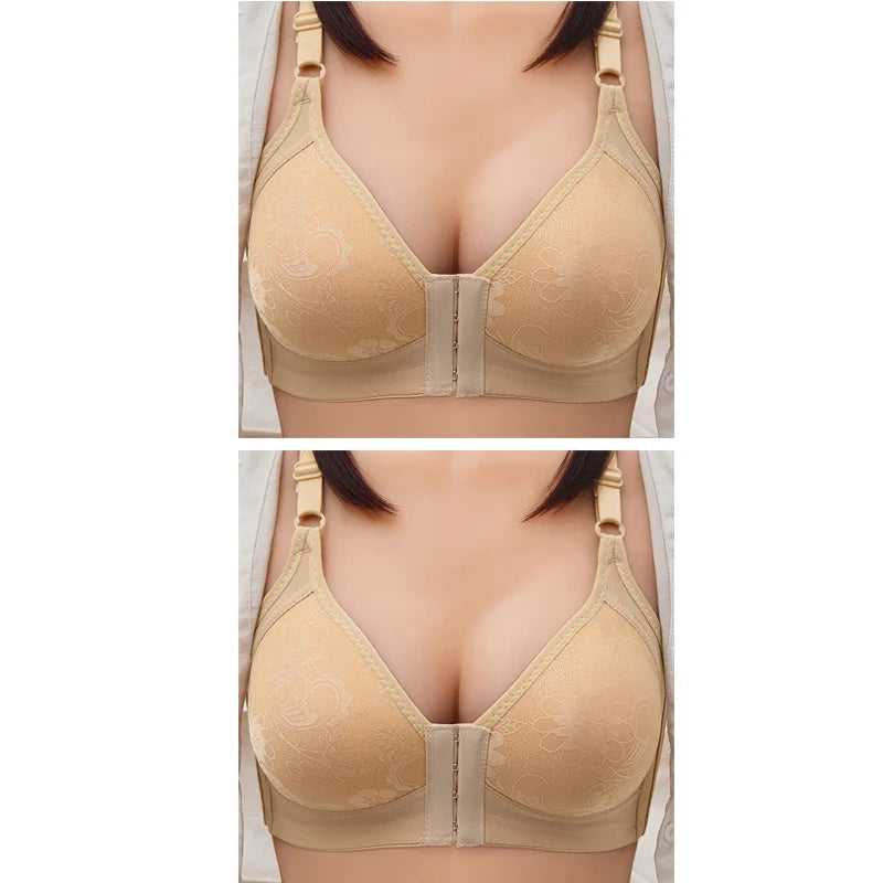 2pcs Womens Front Clasp Full Cup Bras No Steel Ring Support Lace Bralettes Large Size Mom Brassiere Comfort Ventilate Underwears