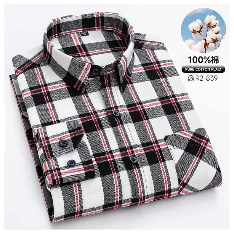 Pure Cotton Men's Plaid Shirts Long Sleeved Regular Fit Casual Office Fashion Shirts Leisure Autumn Male Check Blouses Plus Size