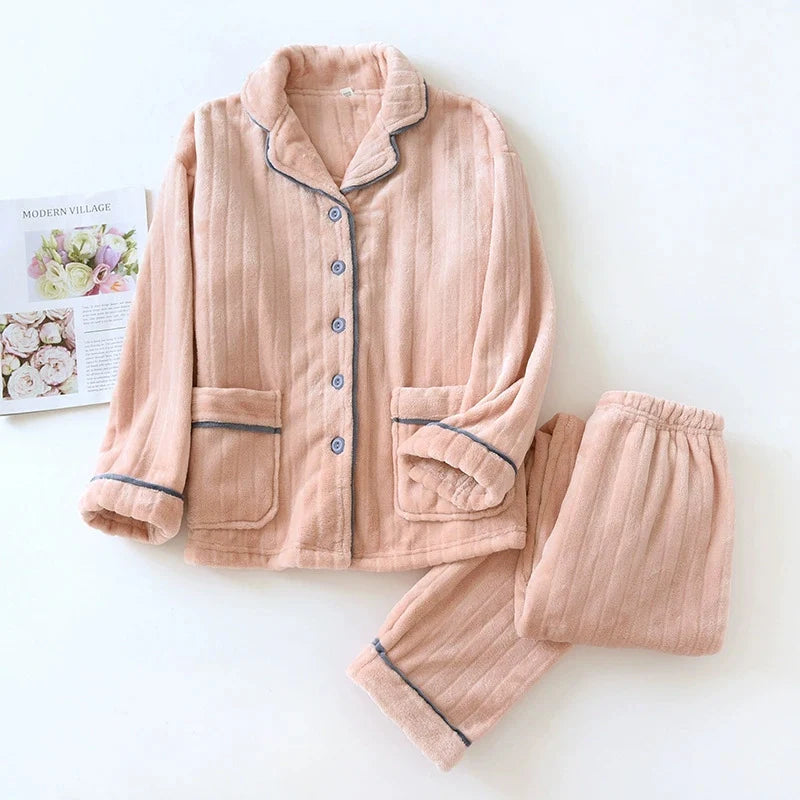 Couple Pajamas Winter Thick Coral Fleece Lapel Cardigan Sleepwear Flannel Men Women's Home Clothes Intimate Lingerie Nightwear