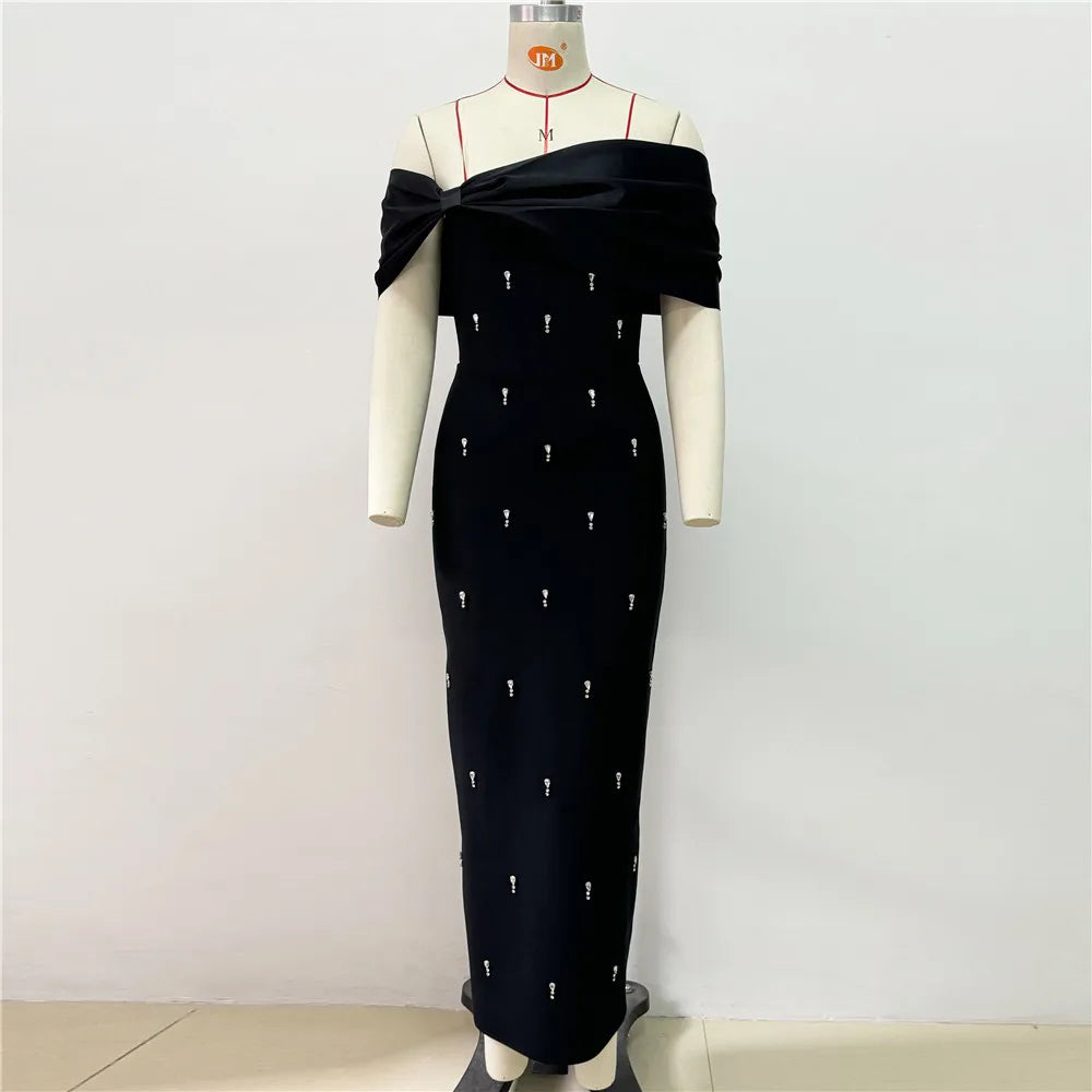 Women Sexy Beading Bandage Dress Off The Shoulder Patchwork Bodycon Clothes Club Party Elegant Dresses