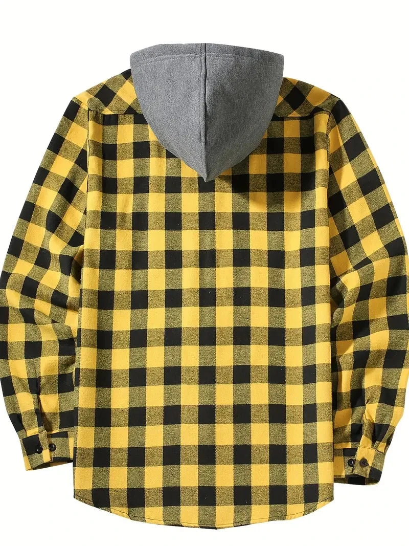Youth Fashion Street Hooded Plaid Shirt Men's Slim Fit Long Sleeved Shirt Couple Travel Casual Shirt Men's Sports Shirt Jacket