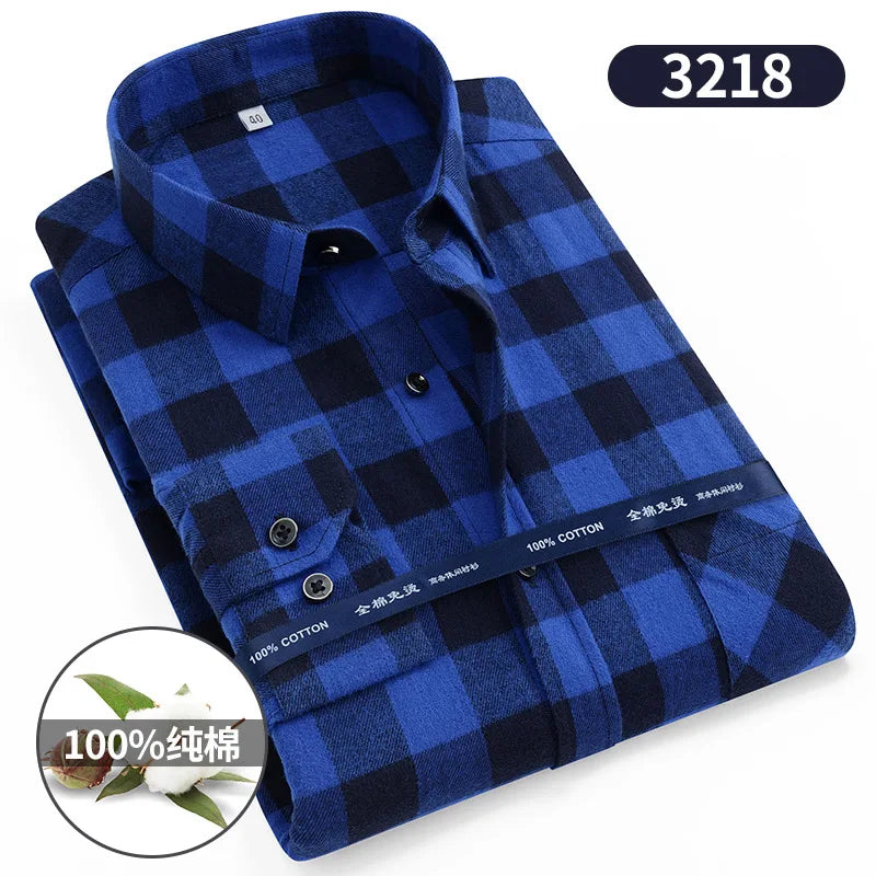 Plaid Flannel Shirts For Men Long Sleeve 100%Cotton Fashion Casual Soft Standard-Fit Man Blouse Clothes Men's clothing 10XL 11XL