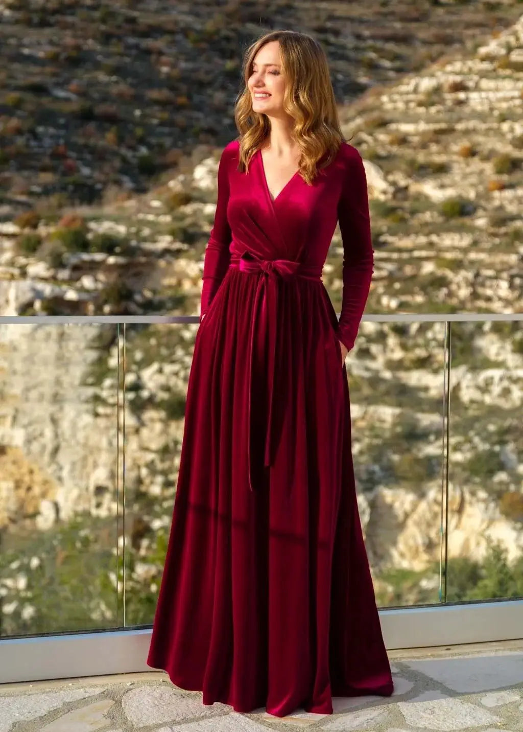 Elegant Women's German Velvet Long Sleeve Dress Autumn Winter New Slim Fit Fashion Waist Tie Female Bridesmaid Long Pocket Dress