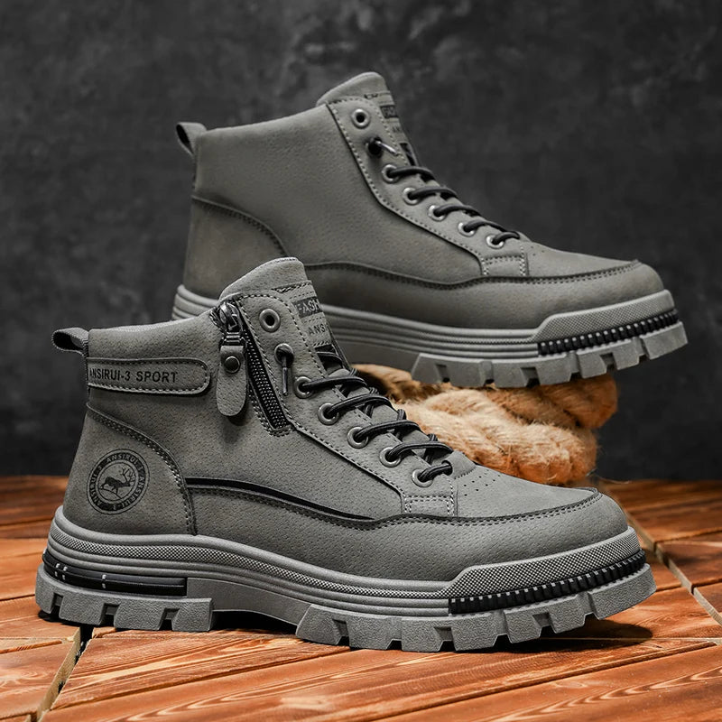 2025 A/W New Men's Mid-High Top Outdoor Work Boots - Zip-Up, Hiking Casual Sports Mountaineering Style