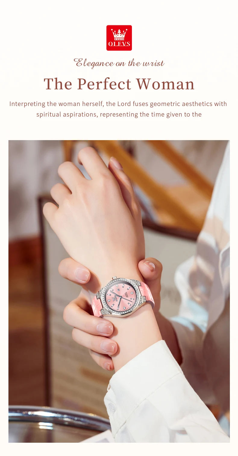 OLEVS NEW Women's Watches Pink Leather Strap Full Diamond New Style Date Waterproof Original Quartz Watch for Girl Fashion